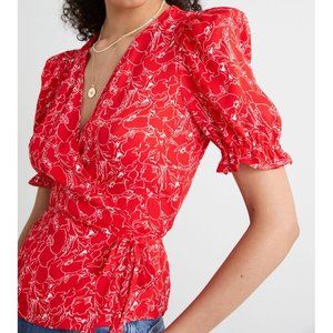& Other Stories Red Puff Sleve Wrap Top